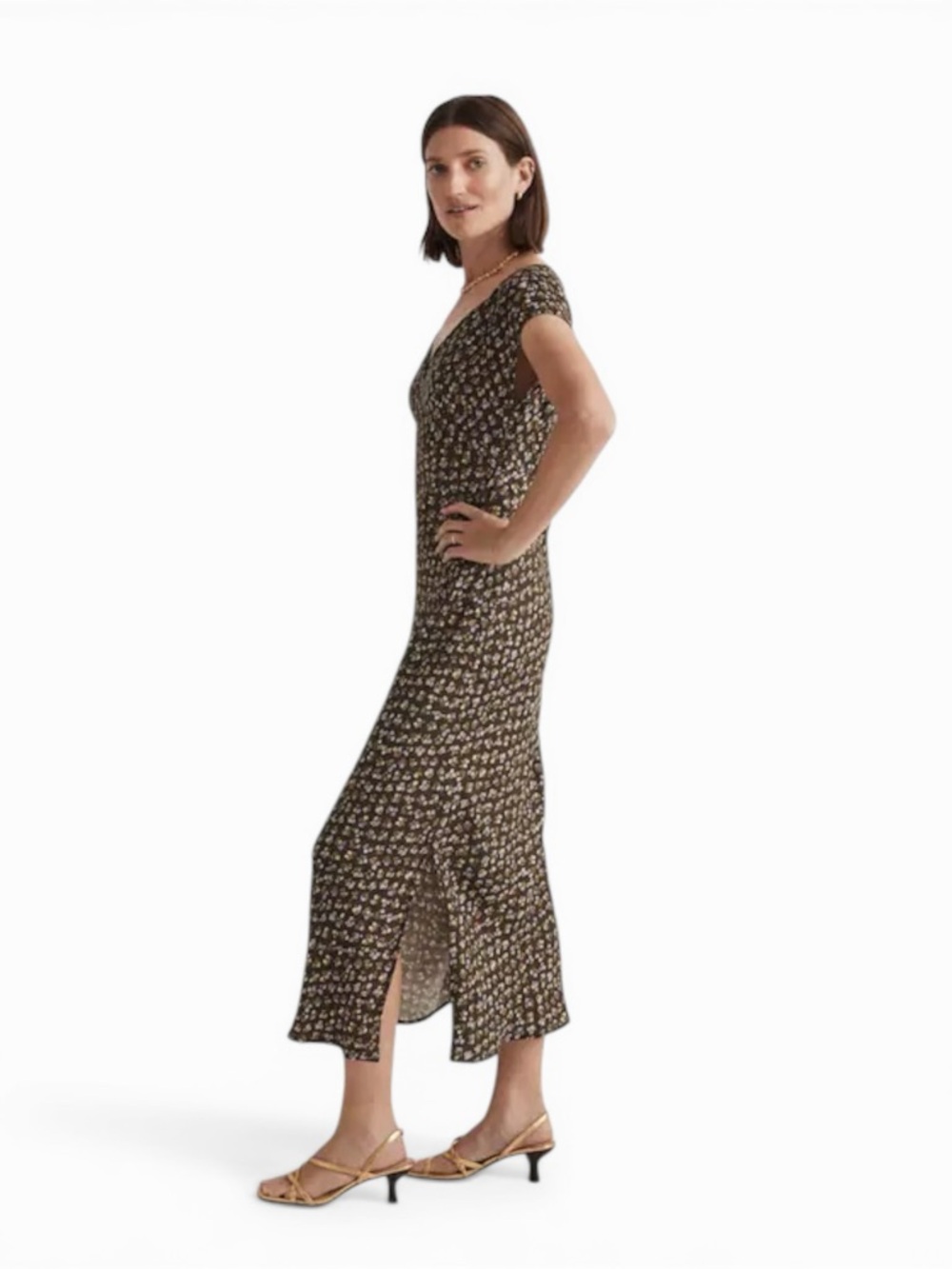 Madewell Dress Women Midi Floral Green V-Neck Size 0 Cap Sleeve - Picture 4 of 10